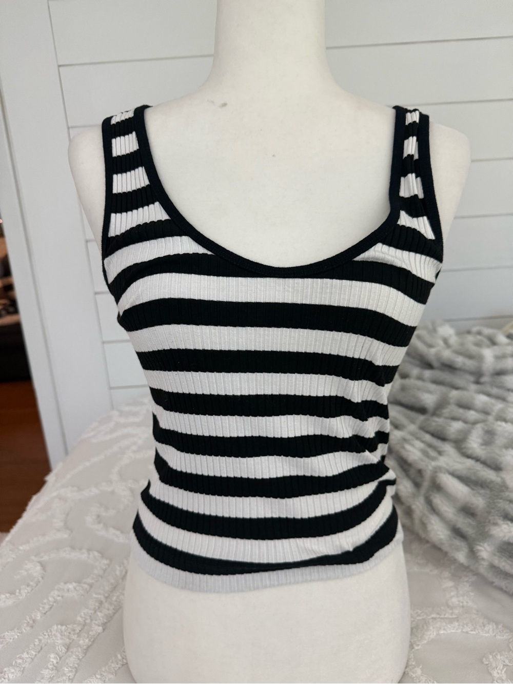 INTERMIX Black and White Striped Ribbed Tank